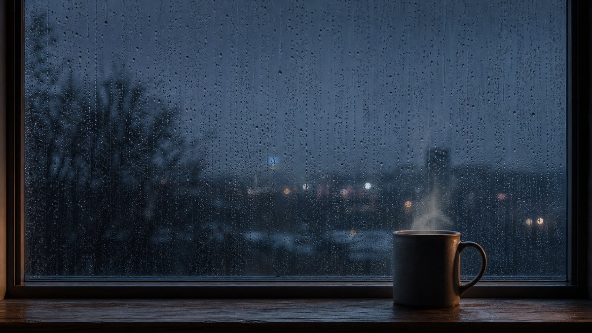 A rain-streaked window at night with a ceramic mug of steaming tea on the sill — the visual mood of an active, restless mind in the quiet of the evening.