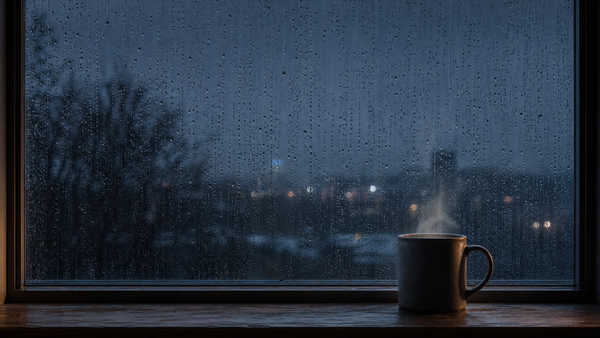 A rain-streaked window at night with a ceramic mug of steaming tea on the sill — the visual mood of an active, restless mind in the quiet of the evening.