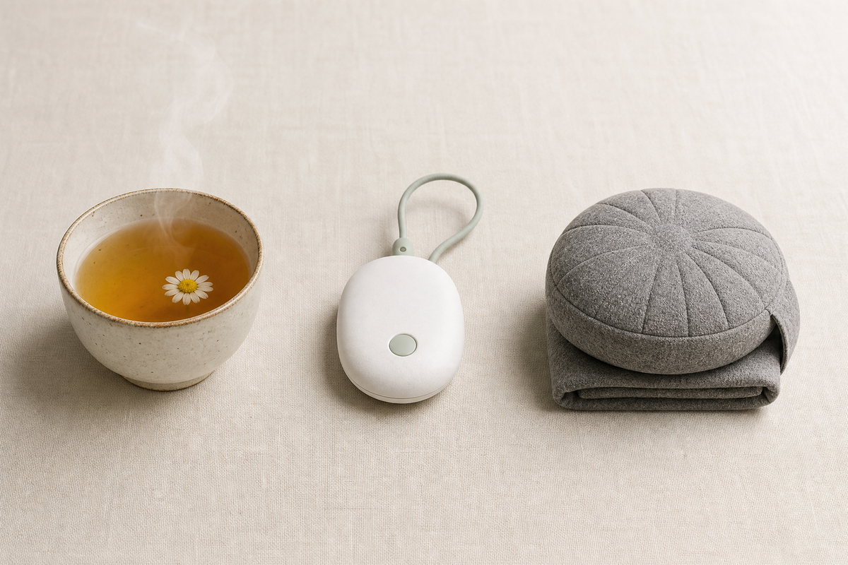 Three minimalist objects arranged side by side — a steaming chamomile teacup, a small wellness device, and a folded meditation cushion — representing the three most popular paths to evening calm.