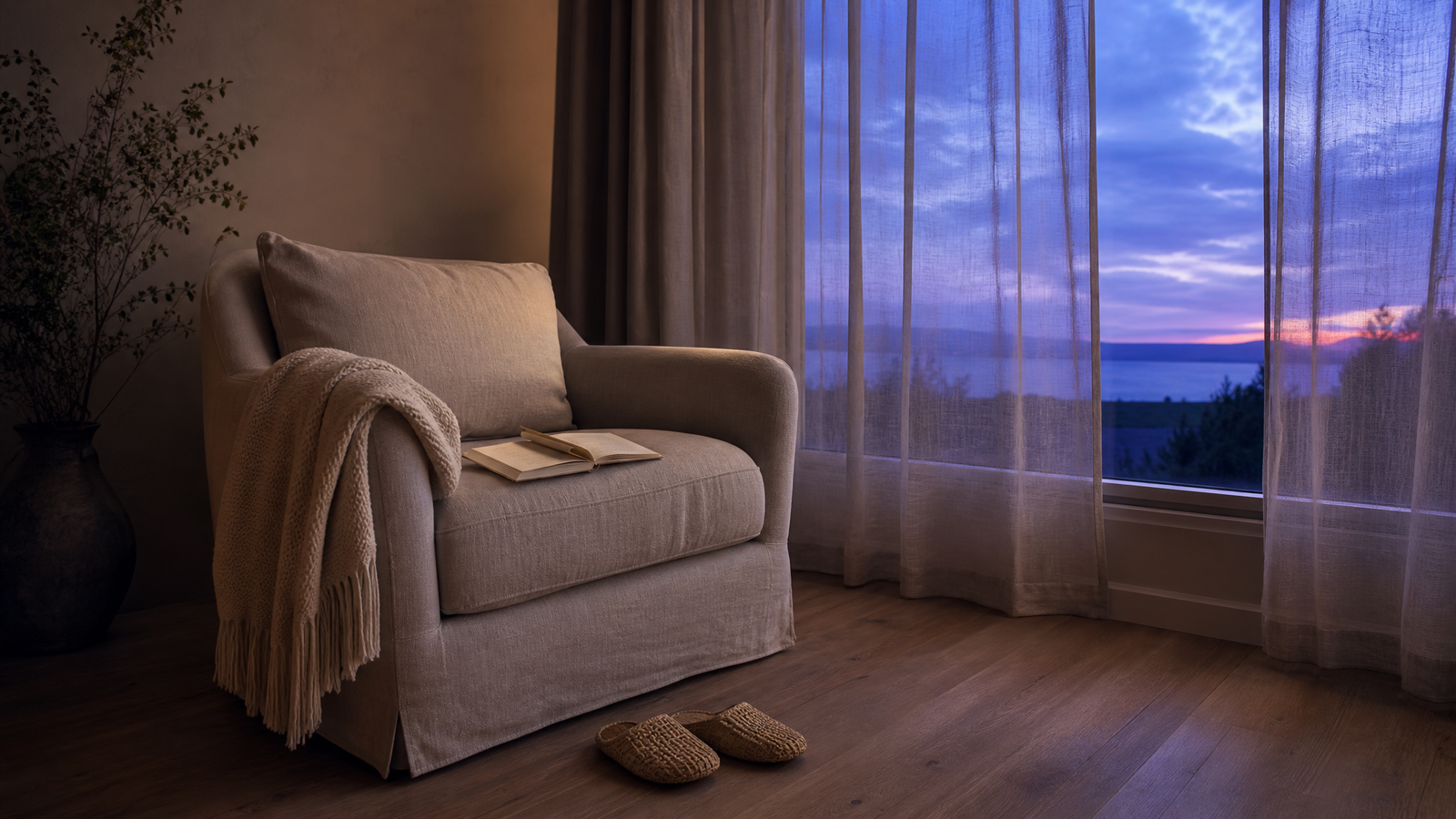 A single armchair beside a soft-lit window at dusk, with a folded throw blanket and a small open notebook — the quiet starting point of a five-minute evening ritual.