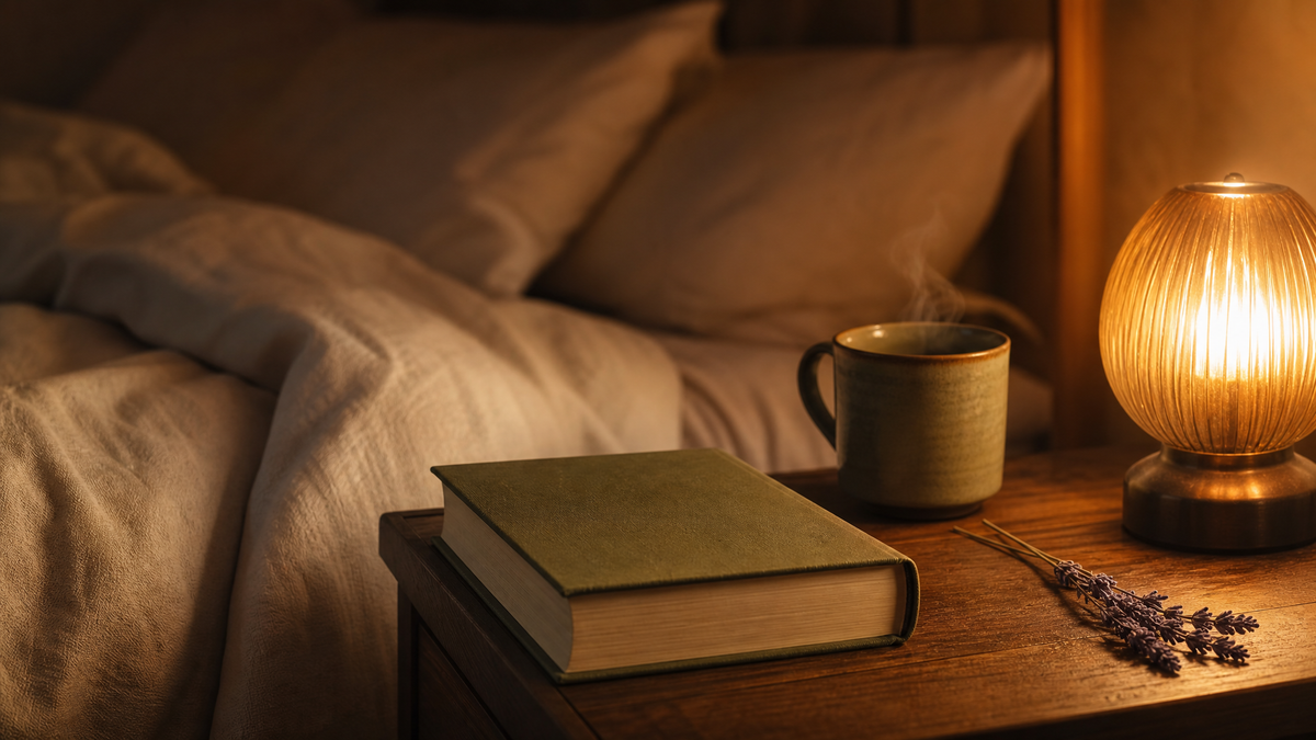 A warm bedside scene at dusk with soft amber lamplight, an open hardcover book, and a ceramic mug — the visual rhythm of evening wind-down.
