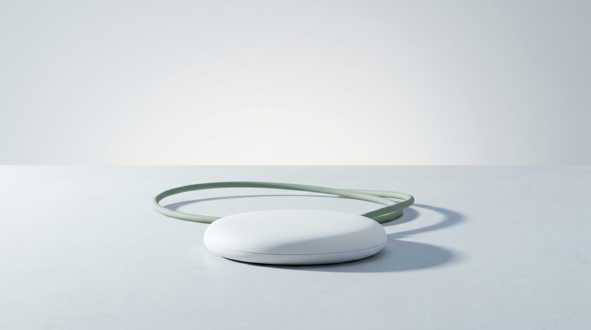 A minimalist studio still life of a smooth ceramic-finish wellness device on a pale stone surface — what microcurrent technology looks like in its simplest form.