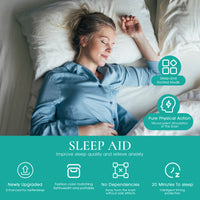 Woman falling asleep in bed while holding Calmiora Core sleep aid device — view 2