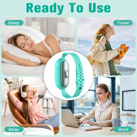 Woman wearing Calmiora Wave wristband while winding down before sleep — view 5